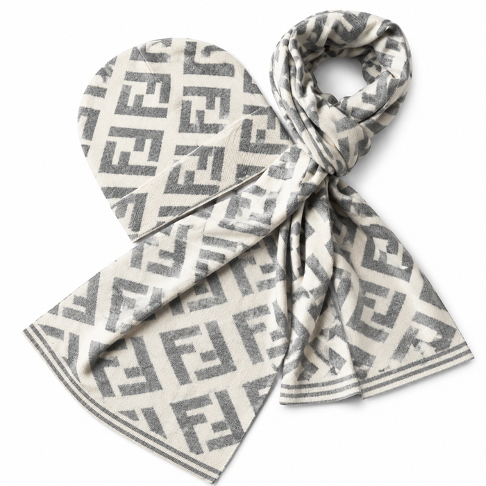 Ensemble bonnet et écharpe Fendi FF – Blanc/Gris