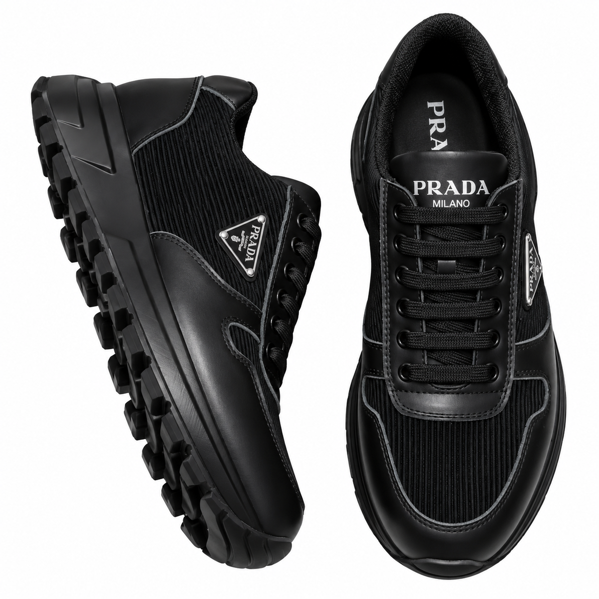 Prada Ribbed Panel Sneakers – All Black