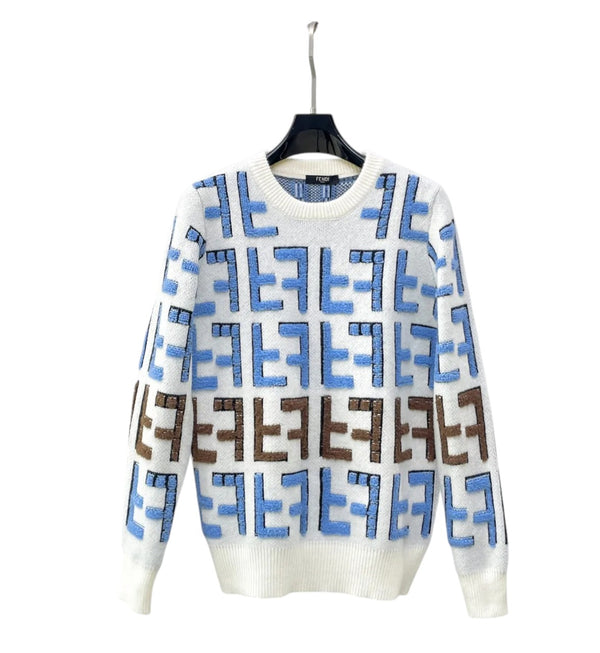 Maglione in maglia bianco e blu con motivo FF Fendi